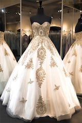 Classic Sweetheart Gold Lace Wedding Dresses Sparkly Ball Gown Bridal Dress-Ballbella