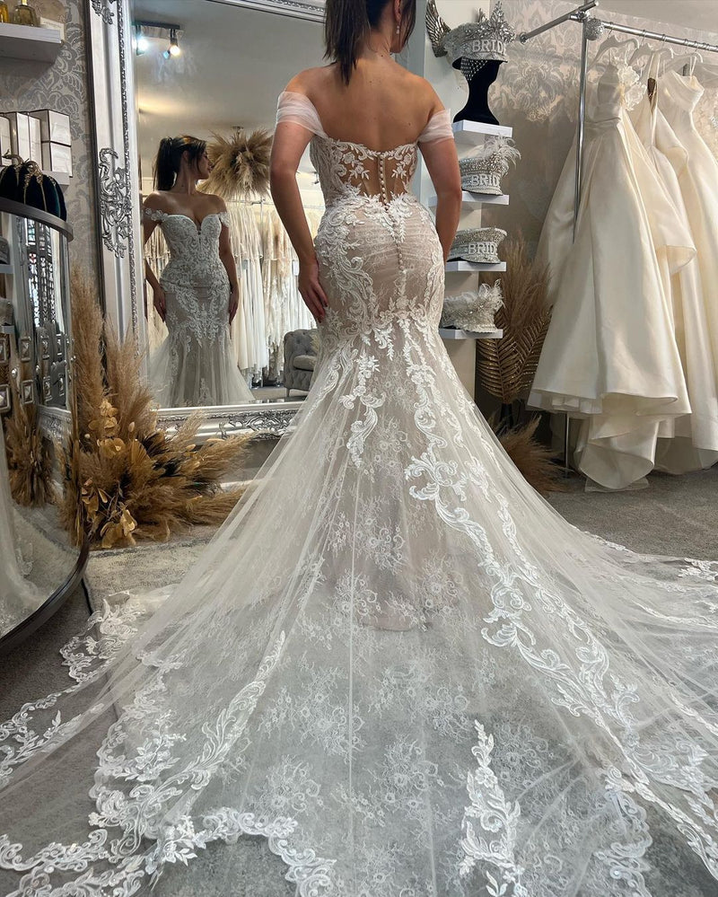Classic Sweetheart Off-the-Shoulder Sleeveless Mermaid Lace Wedding Dress-Ballbella