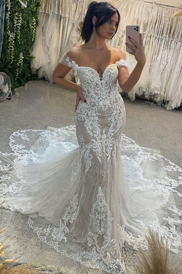 Classic Sweetheart Off-the-Shoulder Sleeveless Mermaid Lace Wedding Dress-Ballbella