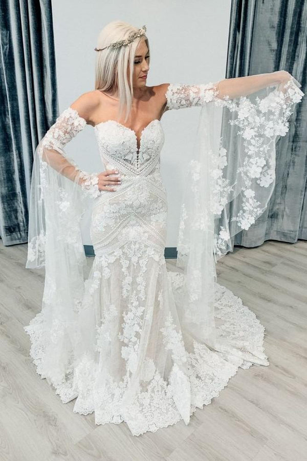 Classic Sweetheart White Lace Wedding Dresses with Church Train-Ballbella