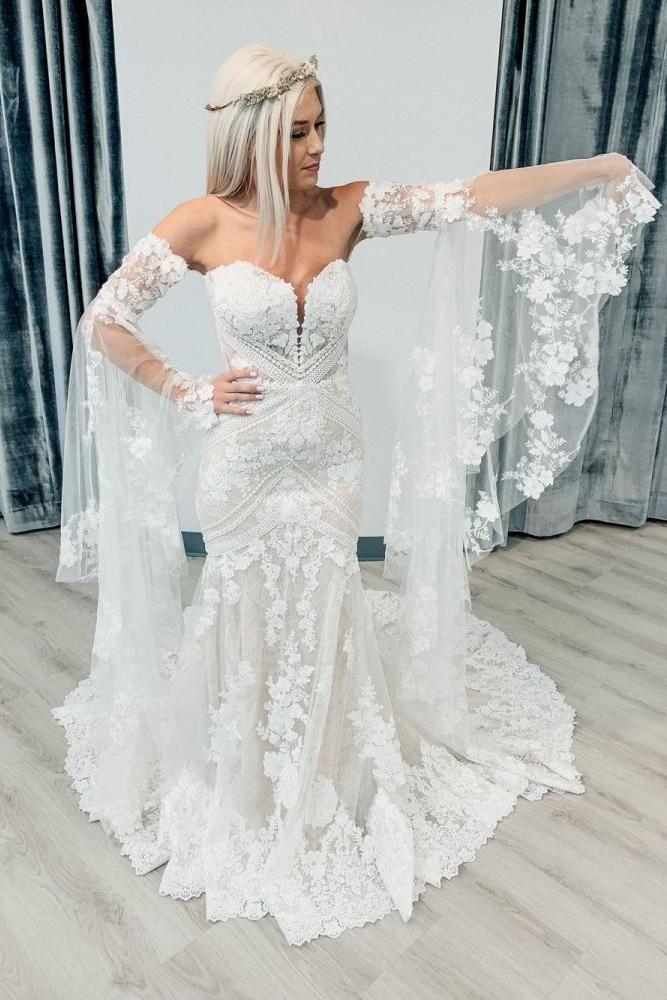 Classic Sweetheart White Lace Wedding Dresses with Church Train-Ballbella