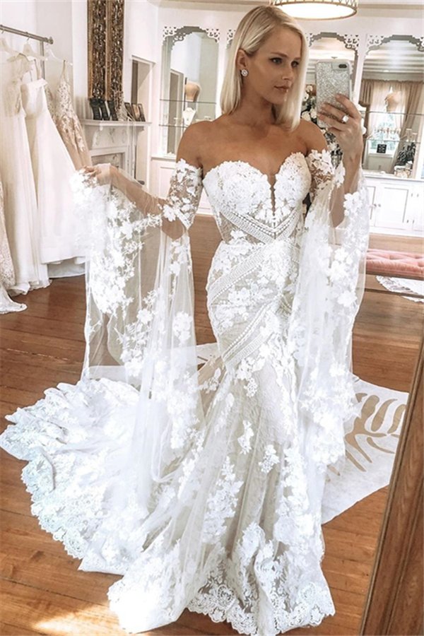 Classic Sweetheart White Lace Wedding Dresses with Church Train-Ballbella