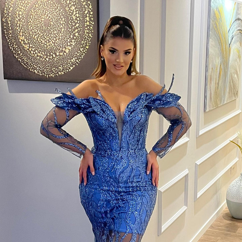 Classic V-Neck Long Sleeves Sheath Mermaid Lace Prom Dresses Classic V-Neck Long Sleeves Sheath Mermaid Lace Prom Dresses
