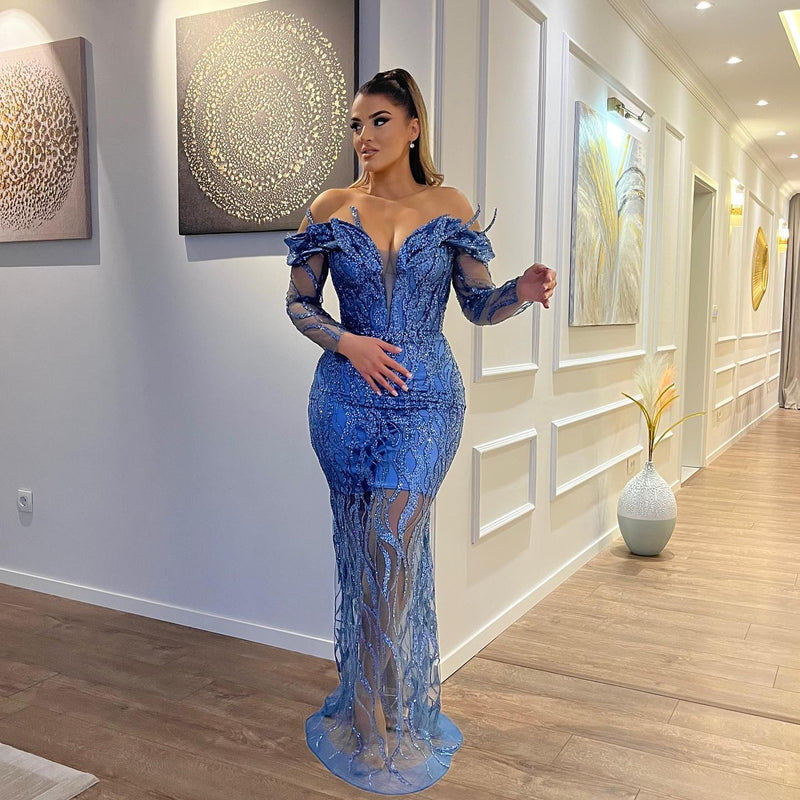 Classic V-Neck Long Sleeves Sheath Mermaid Lace Prom Dresses-Ballbella