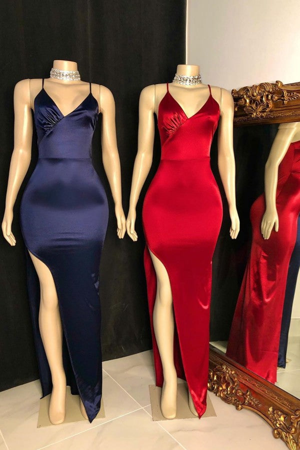 Looking for Prom Dresses, Evening Dresses, Real Model Series in Stretch Satin,  style,  and Gorgeous Split Front work? Ballbella has all covered on this elegant Classic V-neck Spaghetti Front Slit Satin Mermaid Prom Dresses.