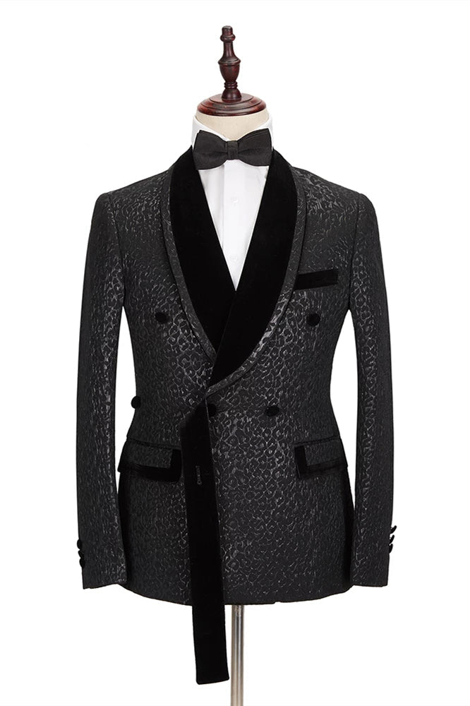 Classic Velvet Lapel Double Breasted Prom Suit Belt Leopard Black Jacquard Men's Suit for Wedding-Ballbella