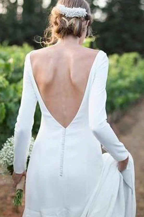 Classic White Bateau Long Sleevess Simple Wedding Dress-Ballbella
