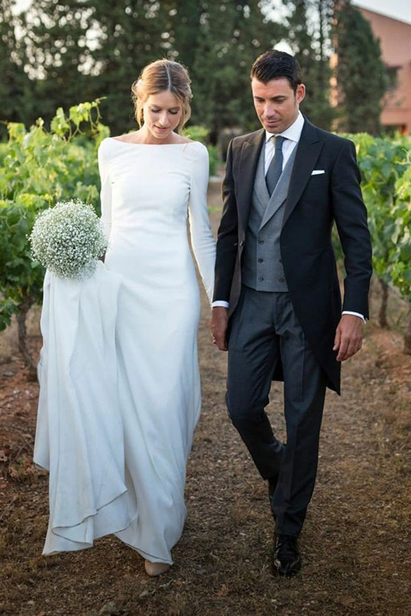 Classic White Bateau Long Sleevess Simple Wedding Dress-Ballbella