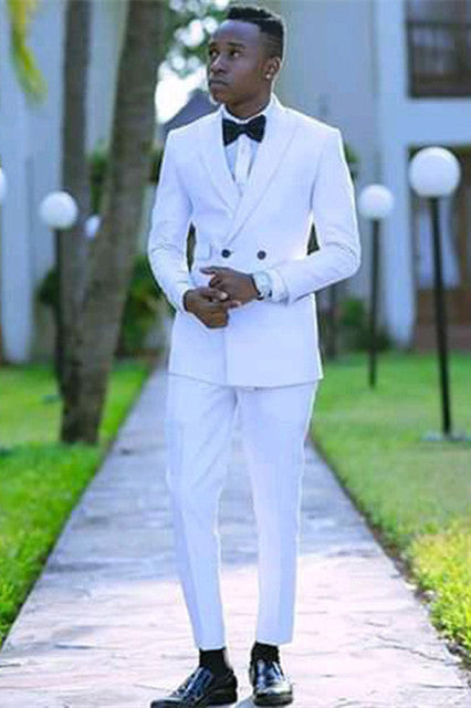 Classic White Double Breasted Peaked Lapel Prom Outfits-Ballbella