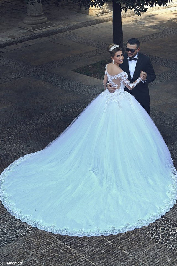 Classic White Lace Ball Gown Wedding Dress Popular Sweep Train Long Sleeves Bridal Gown Classic White Lace Ball Gown Wedding Dress Popular Sweep Train Long Sleeves Bridal Gown