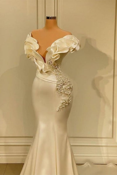 strapless open back dress Classic White Long Pearl Ruffle Prom Dresses