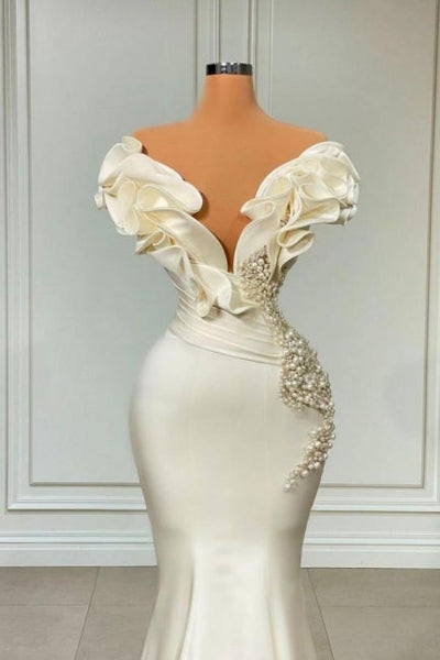 Classic White Long Pearl Ruffle Prom Dresses Classic White Long Pearl Ruffle Prom Dresses
