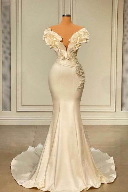 Classic White Long Pearl Ruffle Prom Dresses-Ballbella