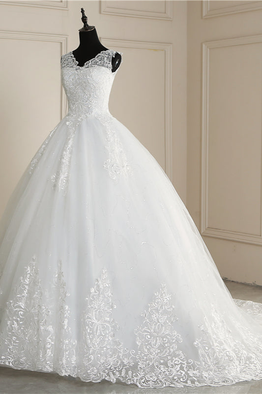 Classic White V neck Sleeveless Ball Gown Lace Wedding Dress-Ballbella