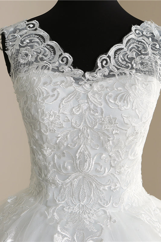 Classic White V neck Sleeveless Ball Gown Lace Wedding Dress-Ballbella