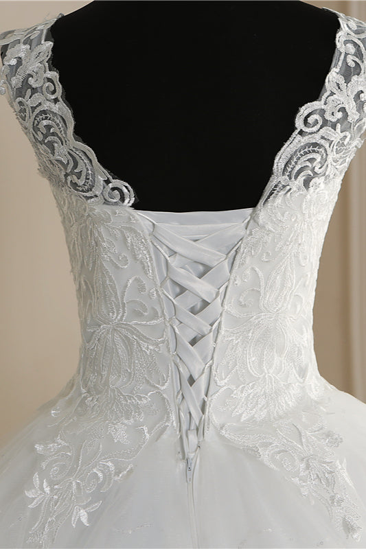 Classic White V neck Sleeveless Ball Gown Lace Wedding Dress-Ballbella