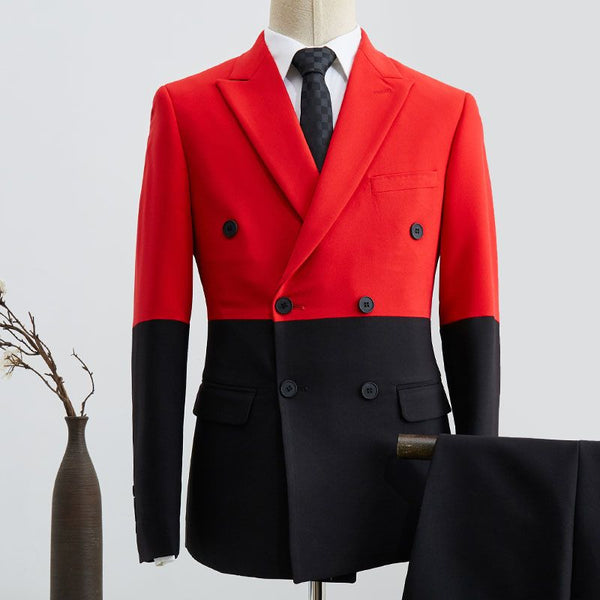 Classy Black And Red Peaked Lapel Double Breasted Prom Suit-Ballbella