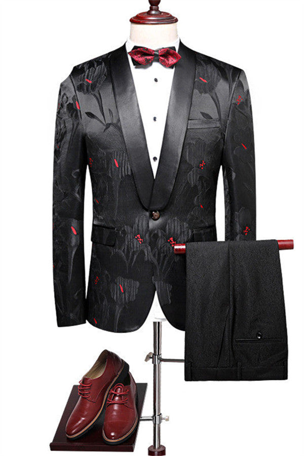 Classy Black Men's Prom Suits Online Jacquard Peak Lapel Tuxedo with 2 Pieces