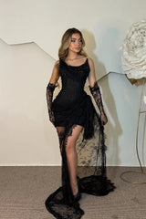 Classy Black Strapless Mini Lace Prom Dress Column Beads With Ruffle Gloves-Ballbella