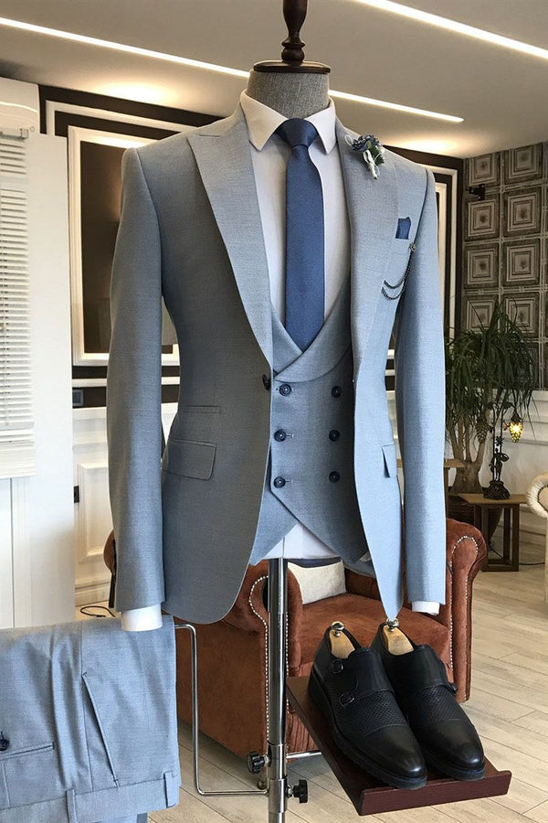 Classy Blue 3-Pieces Double Breasted Waistcoat Slim Fit Business Suits For Men-Ballbella
