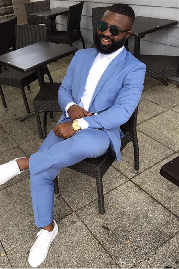 Classy Blue Peaked Lapel Slim Fit Bespoke Men Suits Online