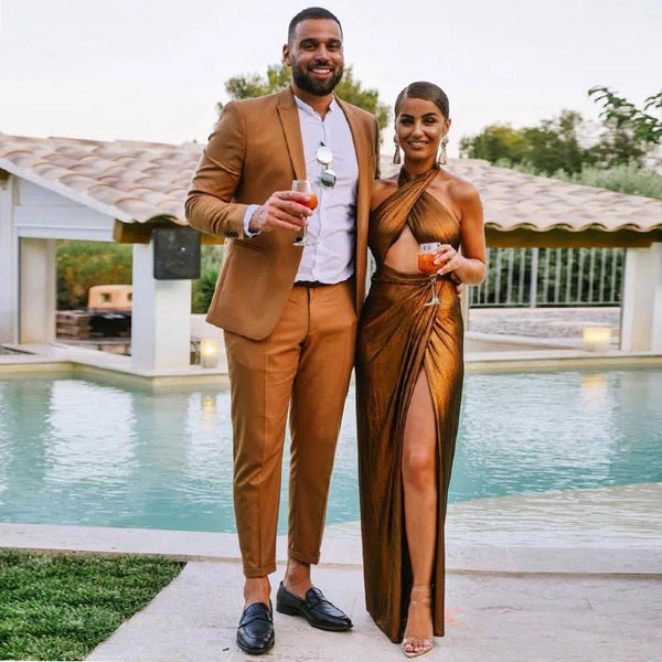 Classy Brown One Button Peaked Lapel Mens Prom Suits-Ballbella