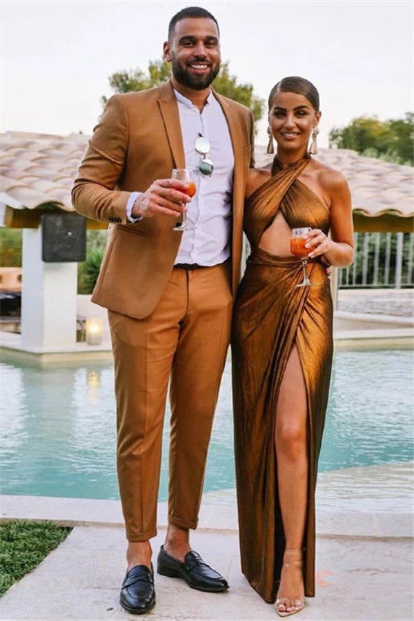 Classy Brown One Button Peaked Lapel Mens Prom Suits-Ballbella
