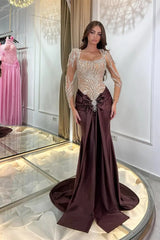 Classy Brown Square Long Sleeves Mermaid Prom Dresses Sheath Gem Long With Pleats-Ballbella