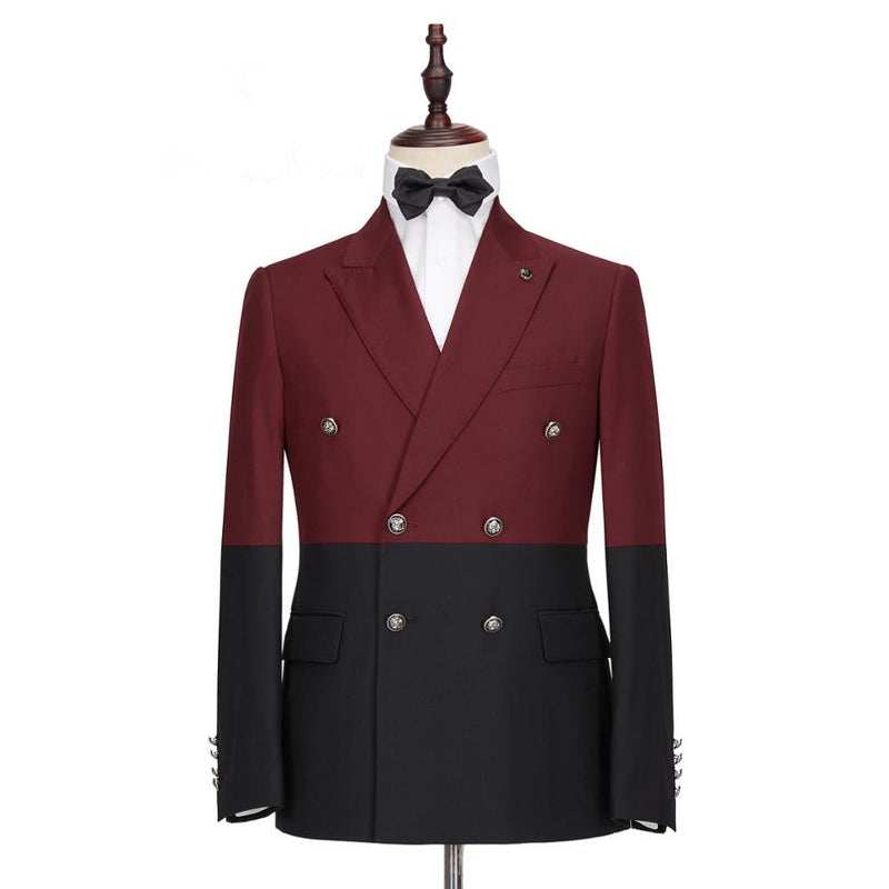 Classy Burgundy and Black Double Breasted Peaked Lapel Men Suits for Prom-Ballbella