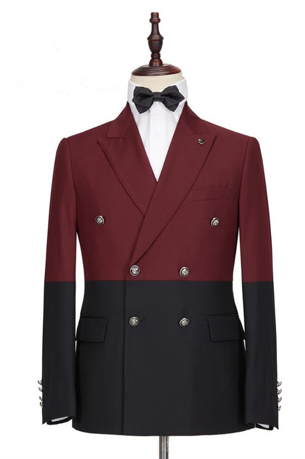 Classy Burgundy and Black Double Breasted Peaked Lapel Men Suits for Prom