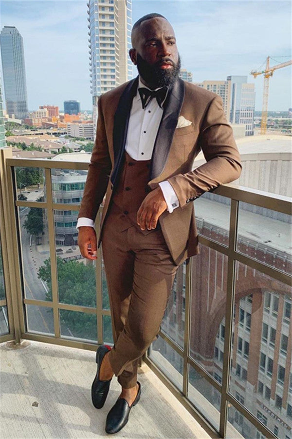Classy Classic Brown Three-Pieces Black Shawl Lapel Wedding Suits Online-Ballbella