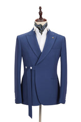 Classy Dark Blue Peaked Lapel Slim Fit Men Suits for Business-Ballbella