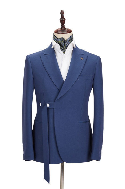 Classy Dark Blue Peaked Lapel Slim Fit Men Suits for Business-Ballbella