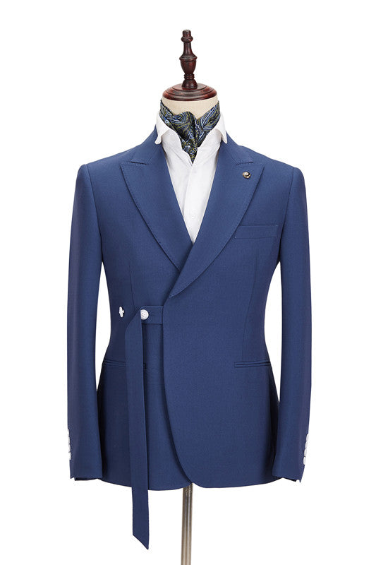 Classy Dark Blue Peaked Lapel Slim Fit Men Suits for Business