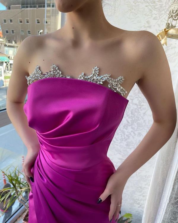Classy Fuchsia Strapless Crystal Prom Dresses Long Slit Online-Ballbella