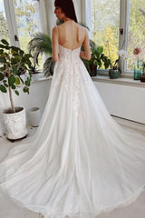 Classy Garden Spaghetti Straps A-Line Lace Wedding Dresses-Ballbella