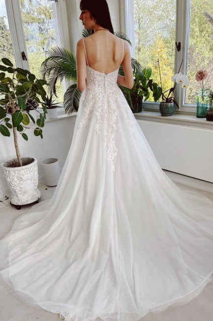Classy Garden Spaghetti Straps A-Line Lace Wedding Dresses-Ballbella
