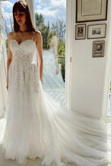 Classy Garden Spaghetti Straps A-Line Lace Wedding Dresses-Ballbella