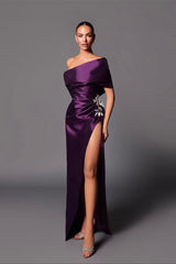 Classy Grape Off-The-Shoulder Satin Mermaid Prom Dress Detachable Skirt With Side Split-Ballbella