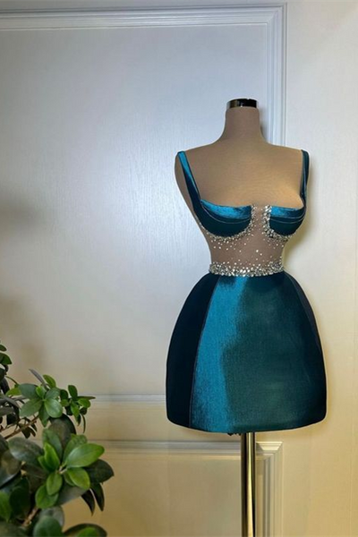 Classy Ink Blue Straps Satin Mini Homecoming Dresses Sleeveless Prom Dress With Beads Classy Ink Blue Straps Satin Mini Homecoming Dresses Sleeveless Prom Dress With Beads