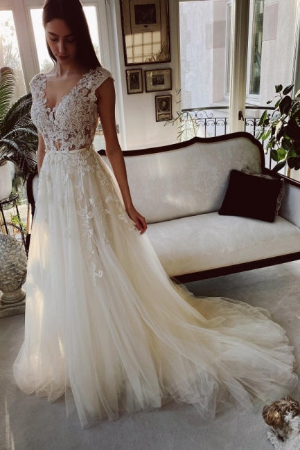 Classy Ivory A-Line Floor Length V-Neck Garden Lace Wedding Dresses-Ballbella