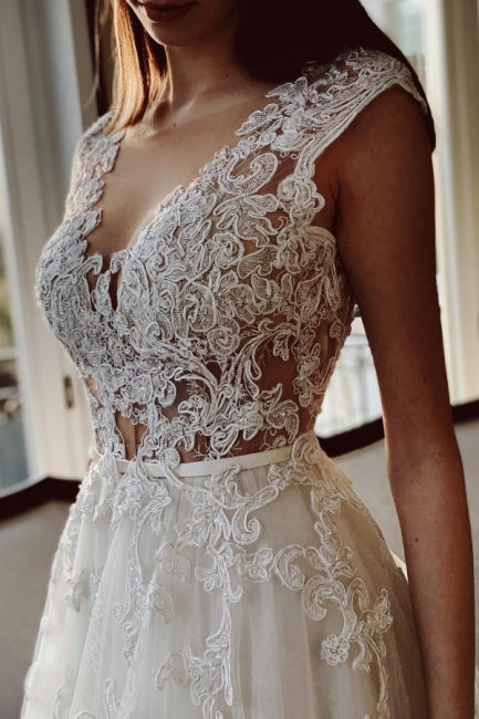 Classy Ivory A-Line Floor Length V-Neck Garden Lace Wedding Dresses-Ballbella