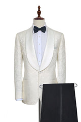 Classy Jacquard White Tuxedos for Wedding Silk Shawl Lapel One Button Wedding Suit for Men-Ballbella