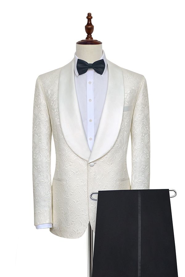 Classy Jacquard White Tuxedos for Wedding Silk Shawl Lapel One Button Wedding Suit for Men-Ballbella