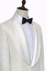 Classy Jacquard White Tuxedos for Wedding Silk Shawl Lapel One Button Wedding Suit for Men-Ballbella