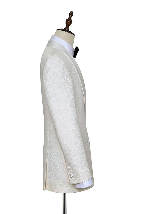 Classy Jacquard White Tuxedos for Wedding Silk Shawl Lapel One Button Wedding Suit for Men-Ballbella