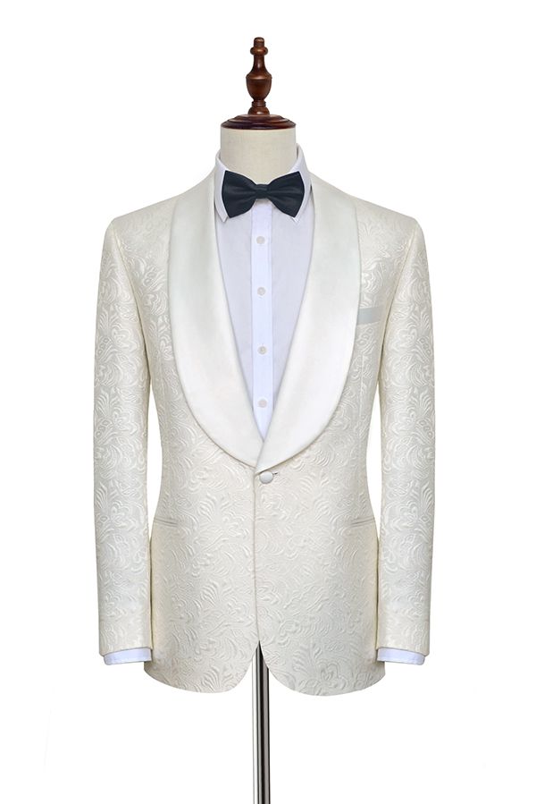 Classy Jacquard White Tuxedos for Wedding Silk Shawl Lapel One Button Wedding Suit for Men