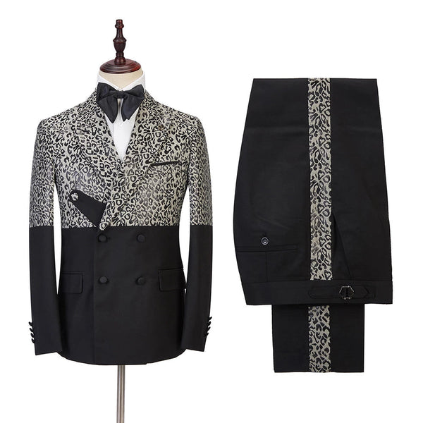 Classy Leopard Print Black Double Breasted Men Suits-Ballbella