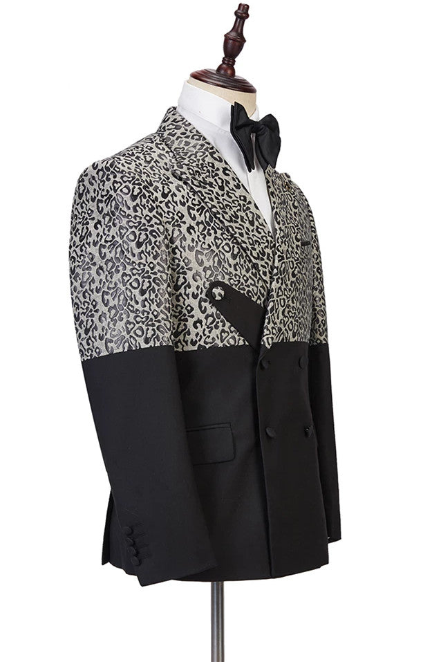 Classy Leopard Print Black Double Breasted Men Suits-Ballbella