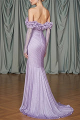 Classy Lilac Off-The-Shoulder Long Sleeves Mermaid Prom Dress Side Split With Beads Zipper-Ballbella